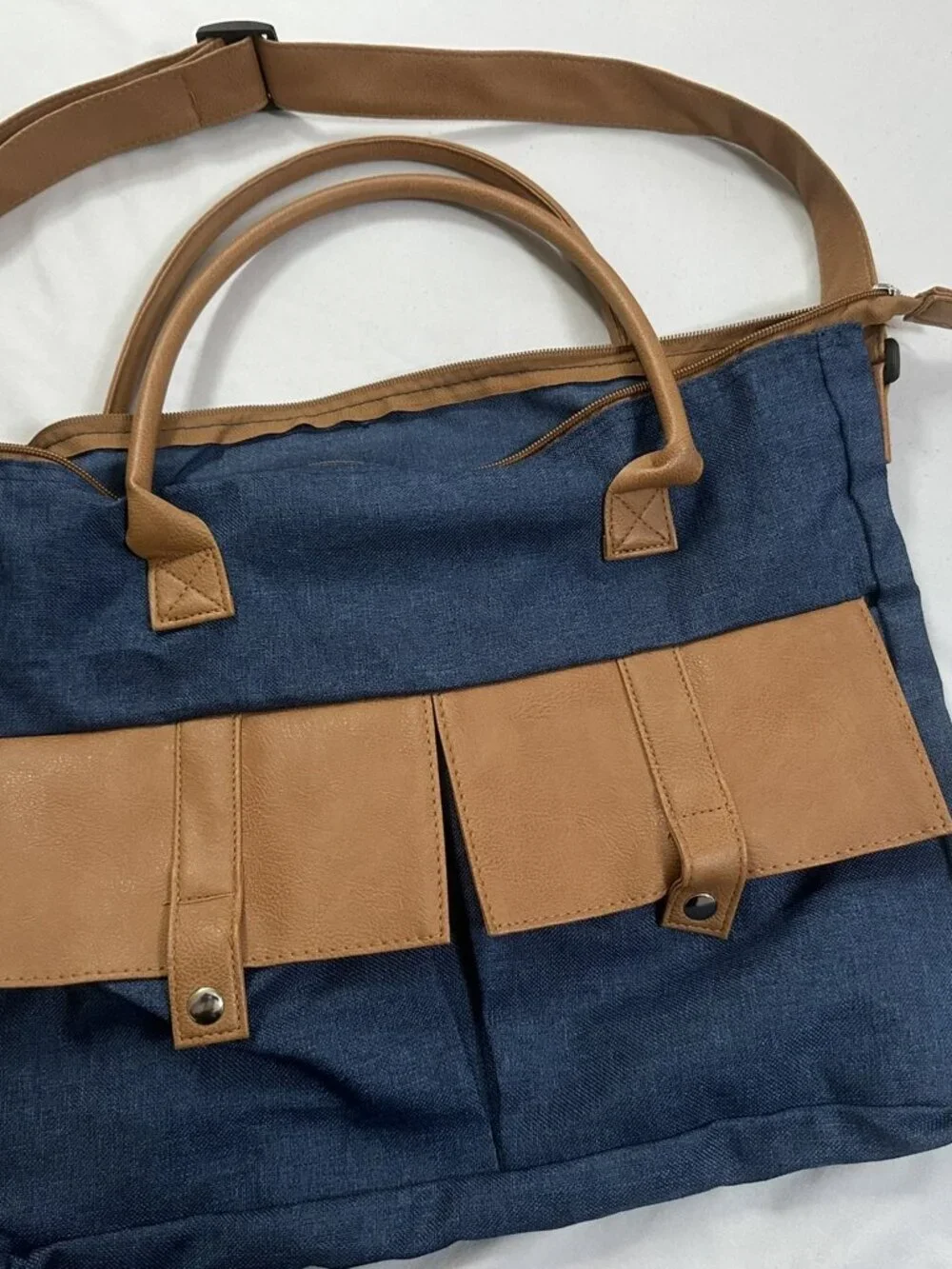 Blue Denim Purse with Tan Leather-Look Trim